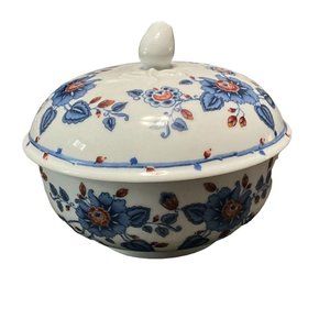 Estee Lauder Vintage Ceramic Powder Bowl w/Lid, Pink & Blue Floral Pattern, 5 oz